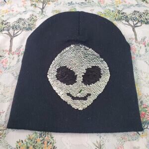 Sequined Skull Beanie Black Knit Winter Hat One Size
